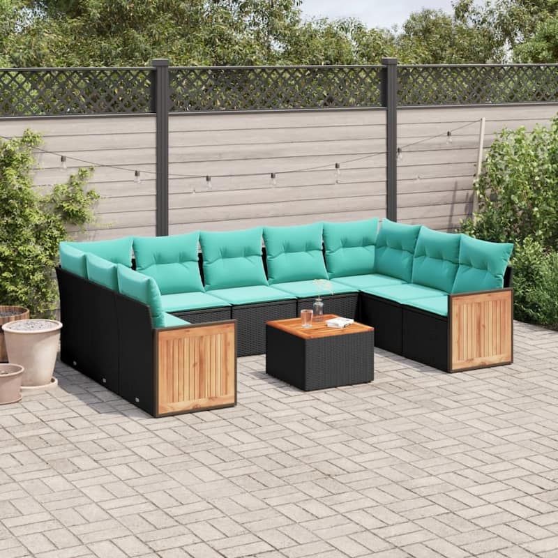 vidaXL 9 Piece Patio Sofa Set with Cushions Black Poly Rattan - 21.7x27.2x24.4-With table