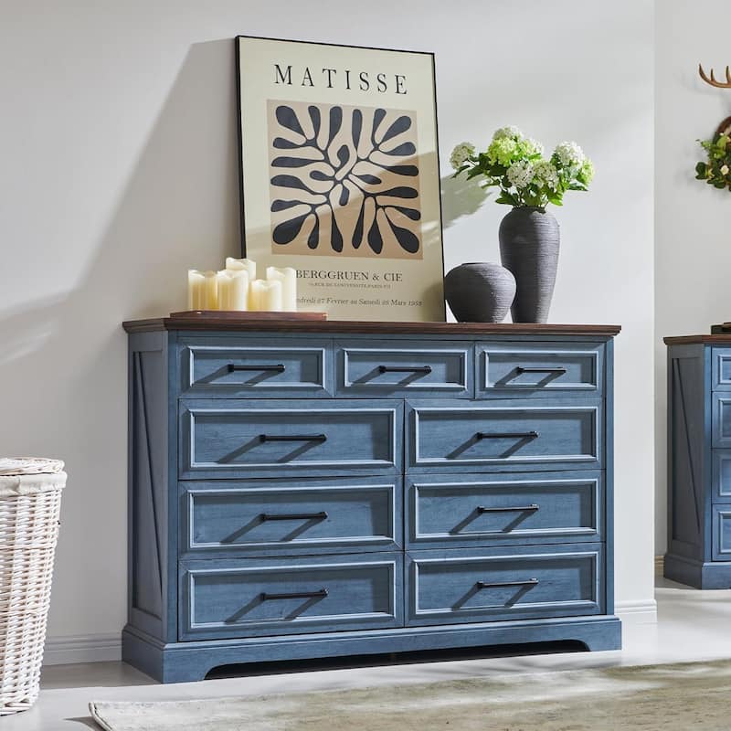 Farmhouse 9 Drawers Dresser Chests for Bedroom, Wood Chest of Drawers - Blue