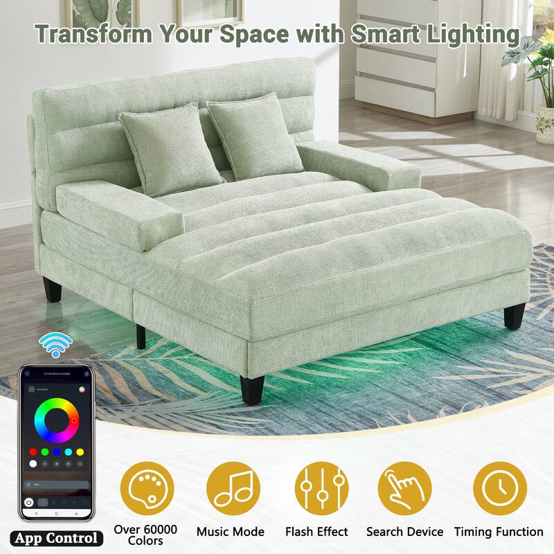 Modern Chaise Lounge Sofa 57.1" Sofa Bed Chenille Upholstered Lounge Sofa Chair with Adjustable Backrest and LED Light Strip