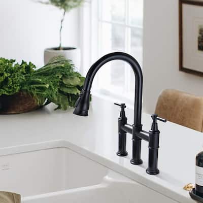 High Arch Double Handle Bridge Kitchen Faucet With Pull Out Spraye