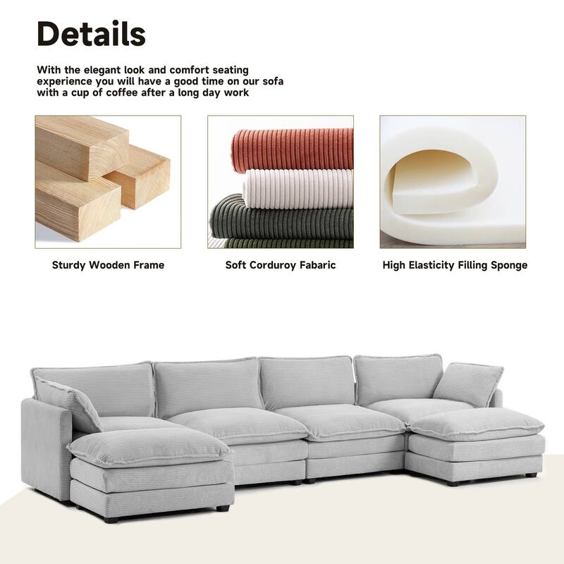 4-Seat Corduroy Modular Sofa with 2 Removable Ottomans for Home & Business