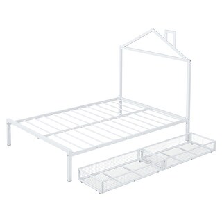 Full Metal Platform Bed with 2 Drawers & House-Shaped Headboard, White