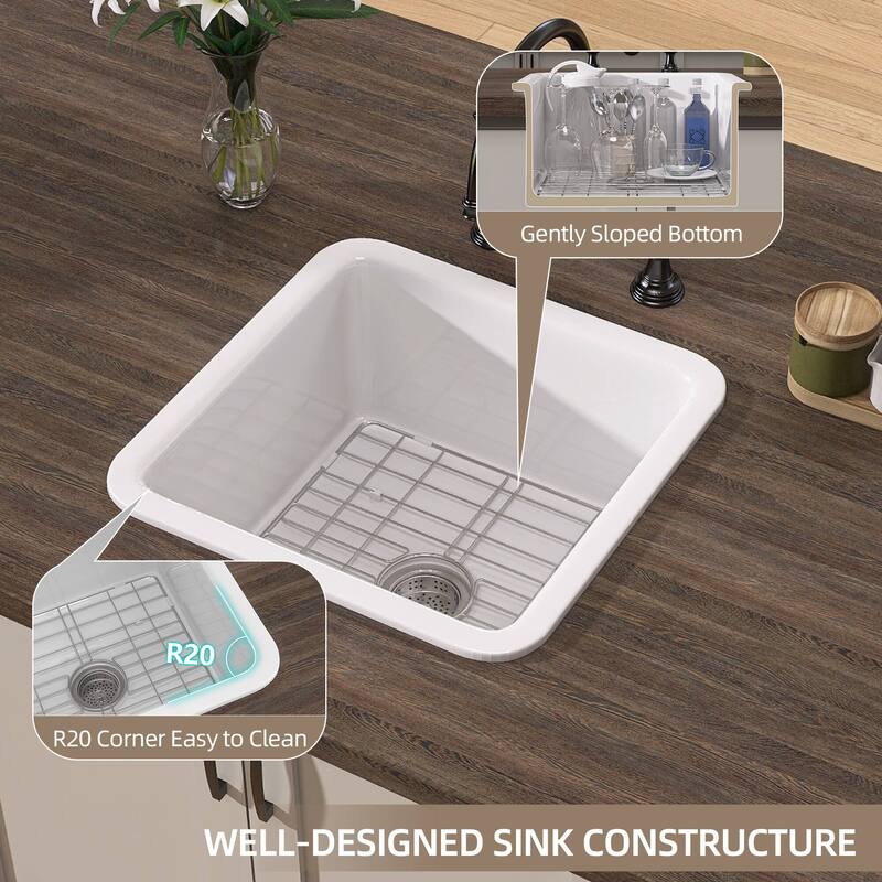 18" L X 18" W Fireclay Single Bowl Drop-In Kitchen Sink Undermount Farmhouse Sink With Accessory