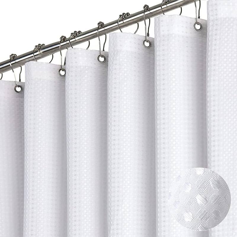 Waffle Textured Heavy Duty Thick Fabric Shower Curtain, Luxury Weighted Polyester Fabric Shower Curtain Set - White