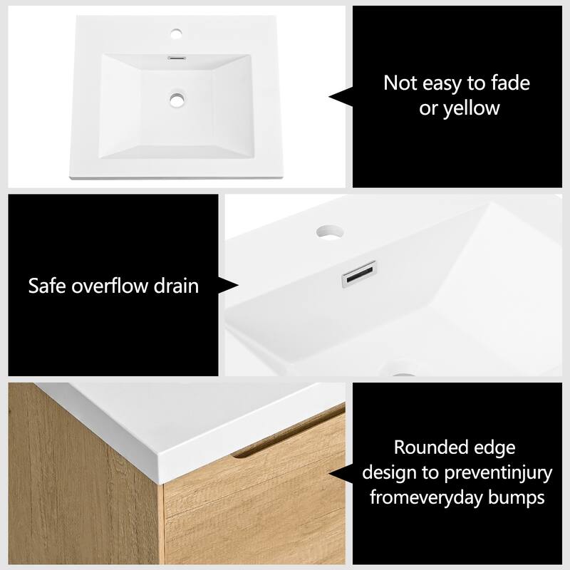 Solid Wood Bathroom Vanity with Integrated Resin Sink, Handle-Free Modern Design - 24"
