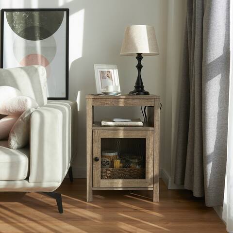 StorageWorks Farmhouse Nightstand with USB Ports & Power Outlets