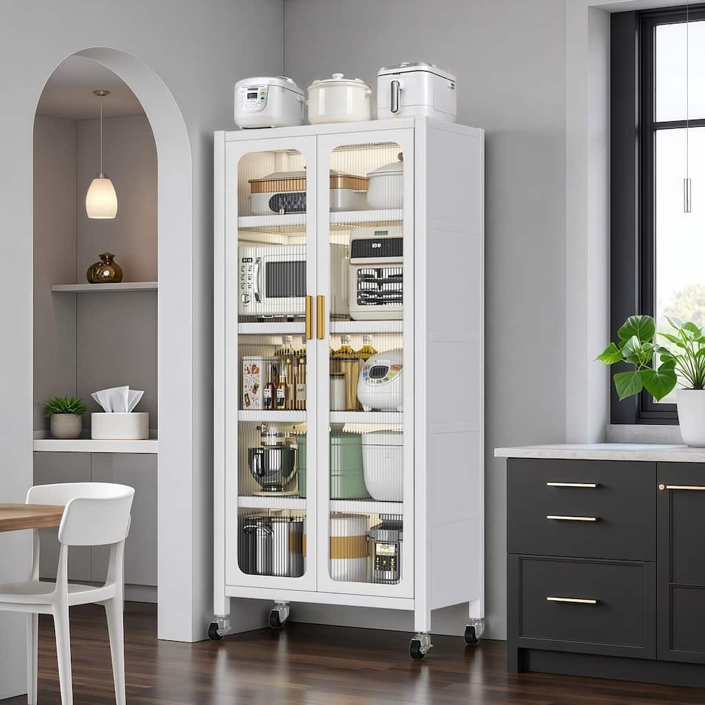 65" Kitchen Pantry Storage Cabinet, 6 Tier Metal Display Storage Cabinet with Transparent Door, Adjustable Shelves & Wheels