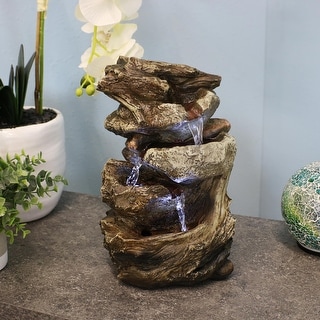 Sunnydaze Tiered Rock and Log Tabletop Fountain with LED Lights - 10.5-Inch