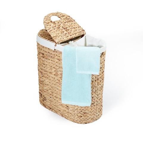 Seville Classics Hand Woven Natural Wicker Water-Hyacinth Lidded Oval Double Laundry Hamper