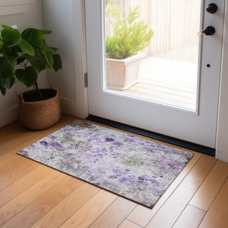 Machine Washable Indoor/ Outdoor Chantille Vanishing Floral Rug - Purple - 1'8" x 2'6"