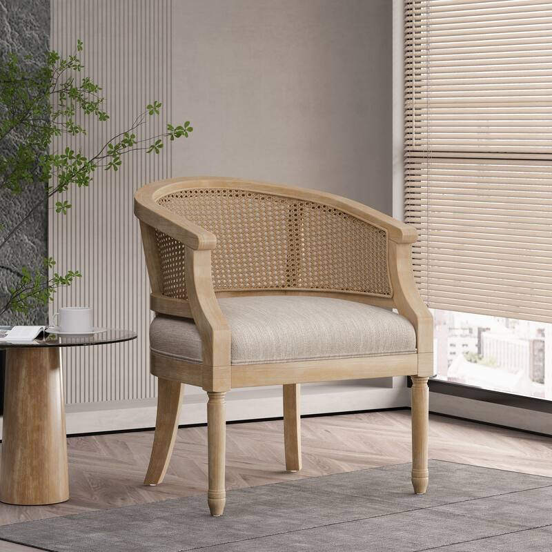Roomfitters Rattan Accent Chair, Barrel Back Wood Frame with Upholstered Seat, Living Room Seating in Natural Finish