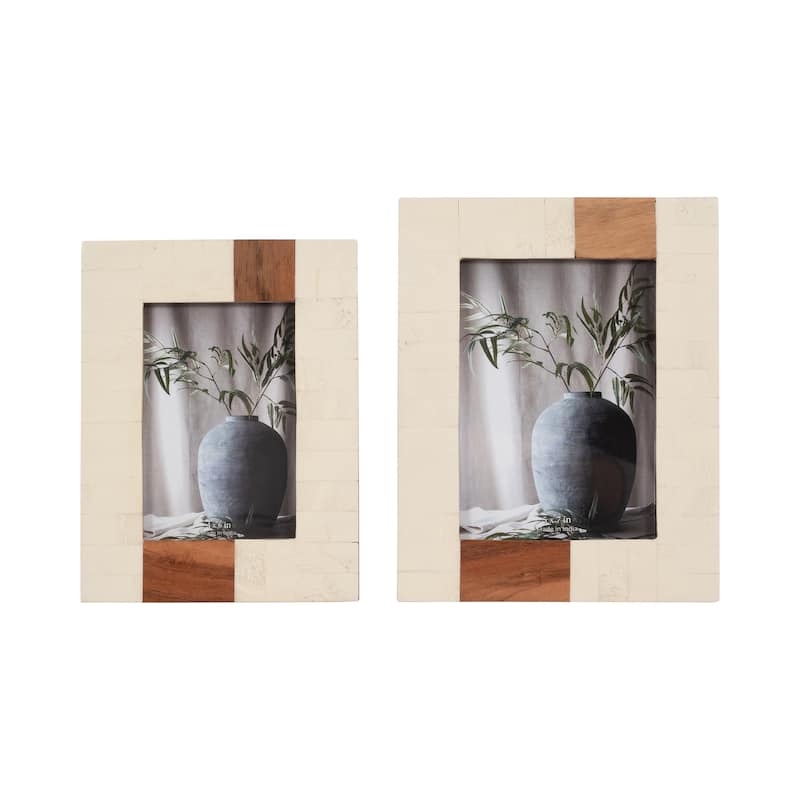 Sagebrook Home Neutral Resin Wood Ivory/Brown Stripe Rectangle Photo Frame