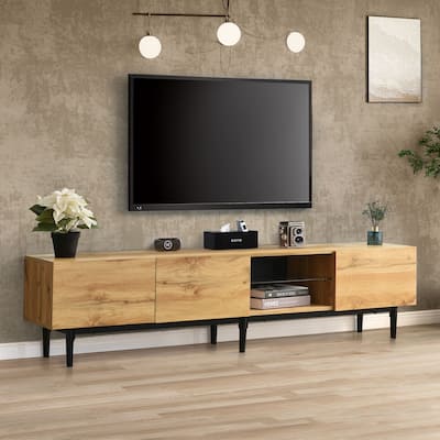 LED Light TV Stand for 80" TVs, Entertainment Center with Drop-Down Door & 4 Cabinets