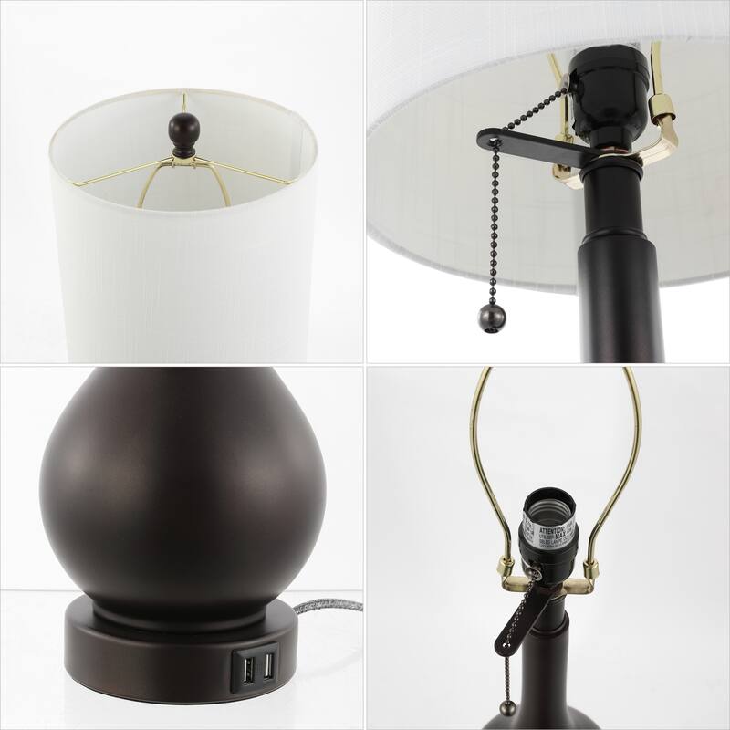 Grant 24" Modern Classic Gourd Iron LED Table Lamp with Pull-Chain with Dual USB Charging Port, by JONATHAN Y (Set of 2)
