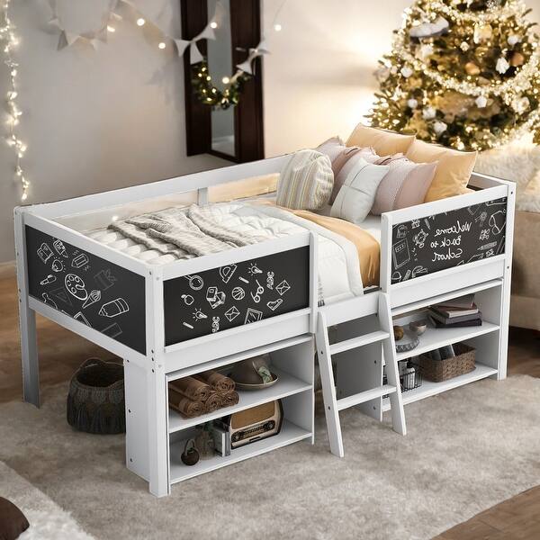 slide 2 of 12, Twin Size Loft Bed With 2 Shelves,Ladder,Guardrail Chalkboard for Home White