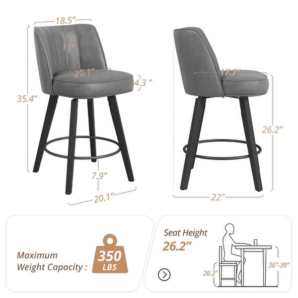 dimension image slide 2 of 5, 26.in Swivel Bar stool PU Leather/Fabric Upholstered Counter Stool, High Back Armless Stool with Wooden Legs