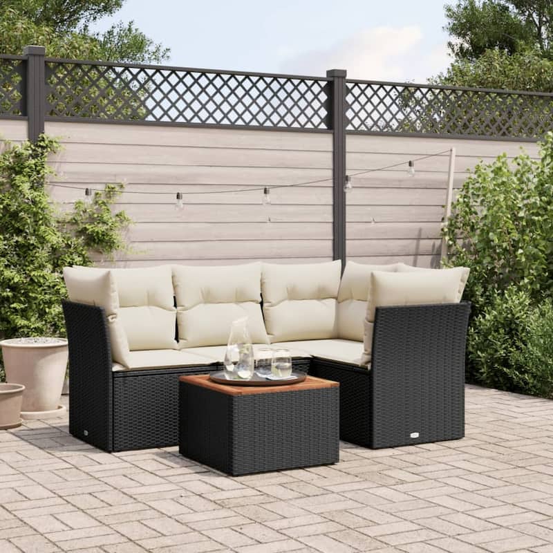 vidaXL Patio Sofa Set with Cushions Outdoor Furniture 5 Piece Poly Rattan - 21.7 x 21.7 x 14.6 - Black and cream
