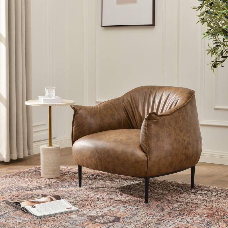 KINWELL 33" Wide Faux Vegan Leather Upholstery Barrel Accent Chair