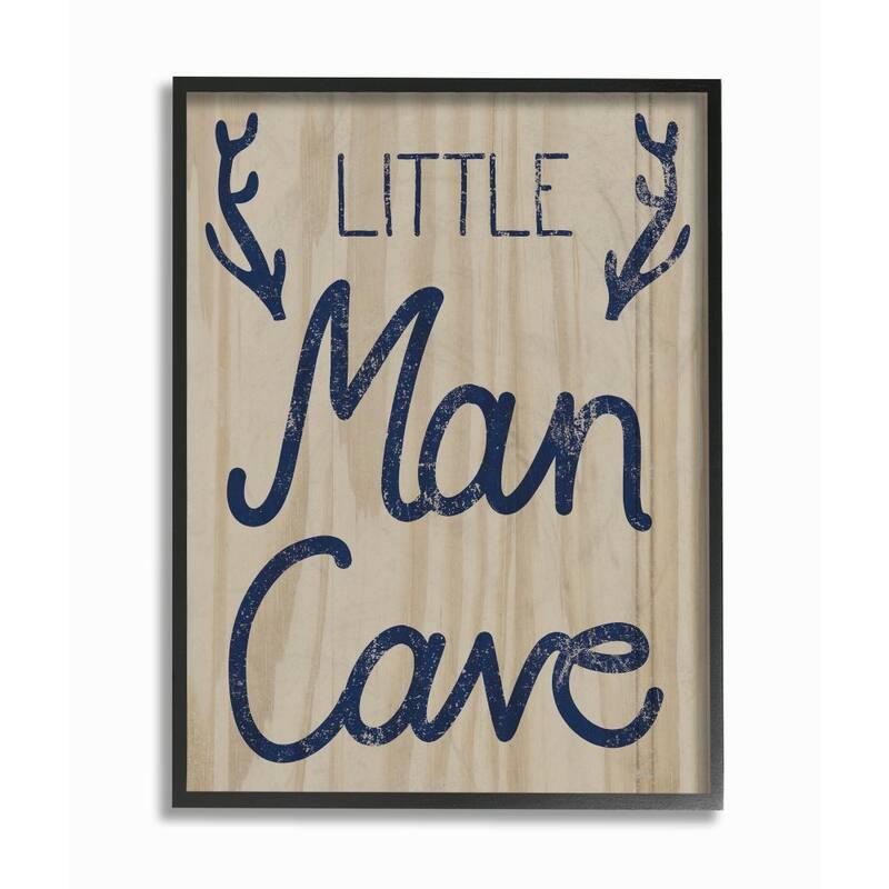 Stupell Little Man Cave Navy Blue Script with Antlers Wood Grain Framed Art, 11x14, Proudly Made in USA - 24 x 30