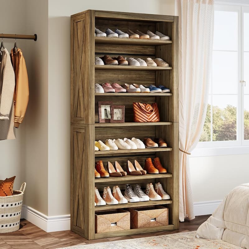 71 Inches Brown Wood Large Shoe Cabinet with Adjustable Shelves, 8-Tier Tall Shoe Storage Organizer for Entryway