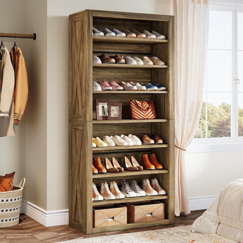 71 Inches Brown Wood Shoe Cabinet with Adjustable Shelves, 8-Tier Tall Shoe Storage Organizer for 32-36 Pairs of Shoes