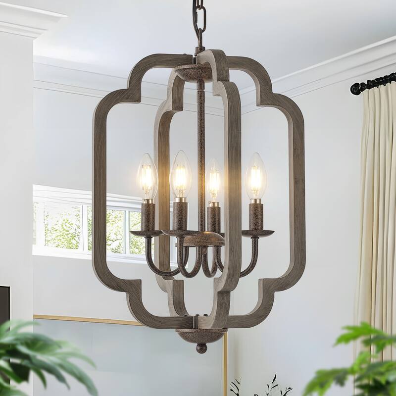 Starsky 4-Light Vintage Farmhouse Faux Wood Lantern Chandelier - Antique