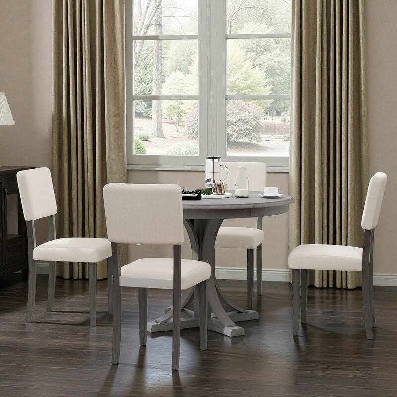 5-Piece Retro Round Dining Table Set, 44" Pedestal Wood Table with Curved Trestle Legs and 4 Upholstered Chairs