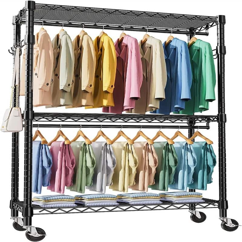Heavy Duty Rolling Garment Rack 3 Tiers - 17.7"D x 47.2"W x 83.6"H