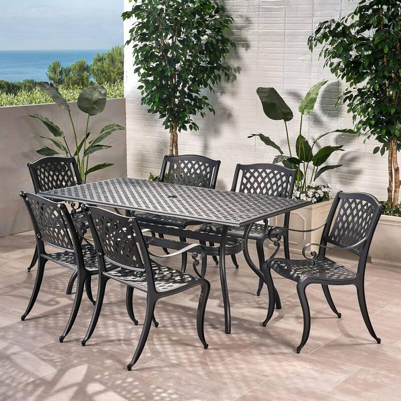 Roomfitters 6-Person Rectangular Cast Aluminum Outdoor Dining Set with 63" Table, Elegant Weather-Resistant Style, Black