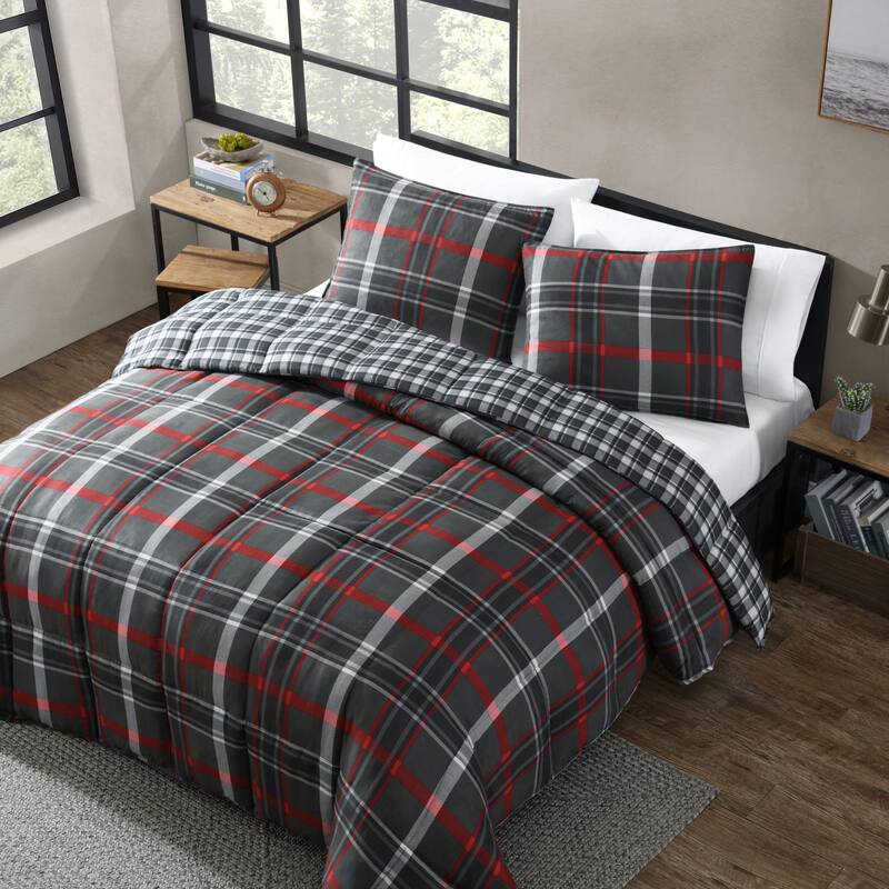 Eddie Bauer Willow Plaid Down Alt Grey Reversible Comforter Set
