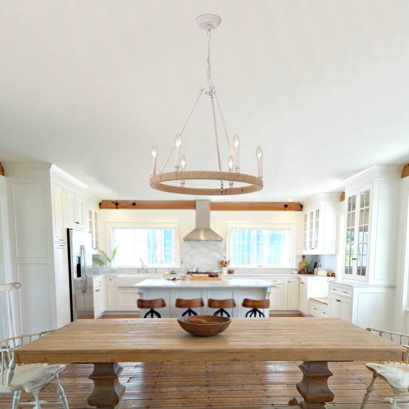 6-Light Rustic Hemp Rope Wagon Wheel Chandelier for Bedroom Foyer Entryway