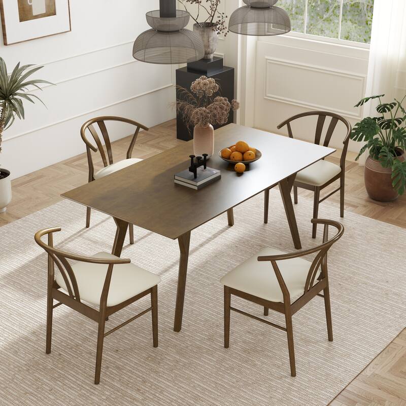 Roundhill Furniture Lavin Modern 5-Piece Dining Set, Walnut Finished Dining Table with 4 Curved Back Chairs