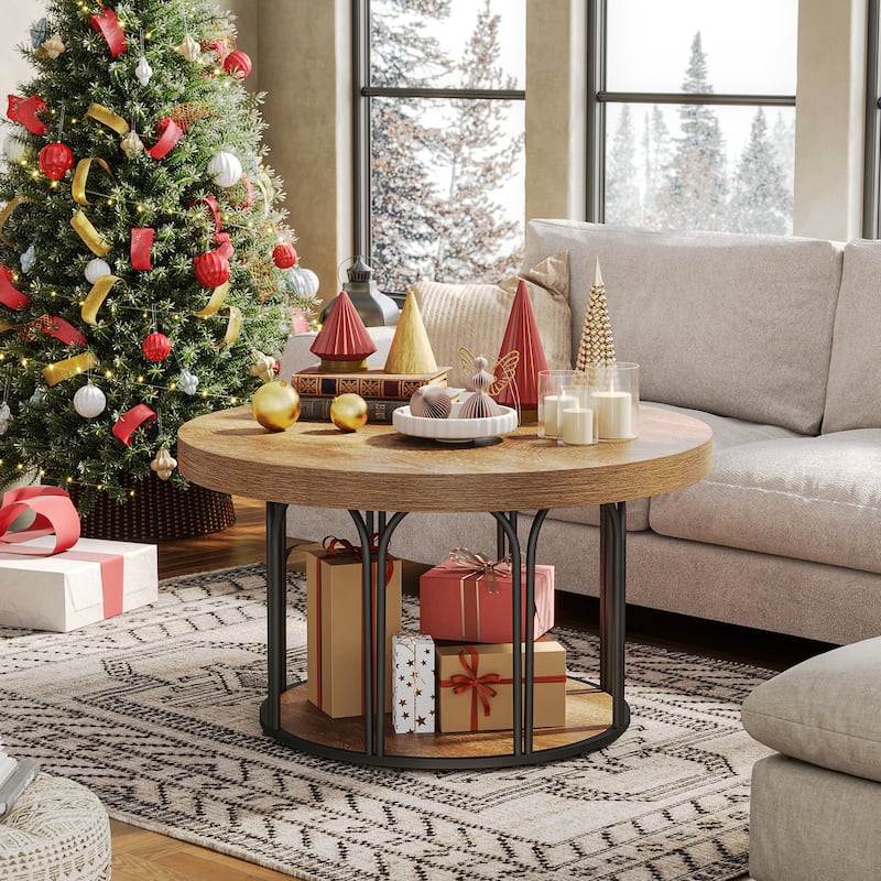 35.5'' Round Coffee Table, 2-Tier Circle Coffee Table