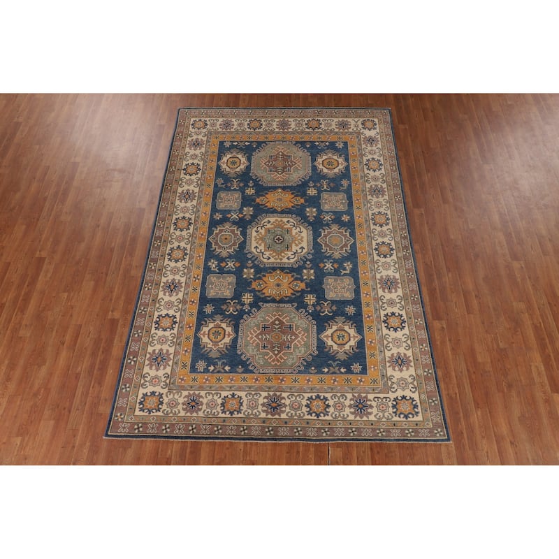 Blue Geometric Kazak Oriental Rug Handmade Traditional Wool Carpet - 6'8" x 10'0"