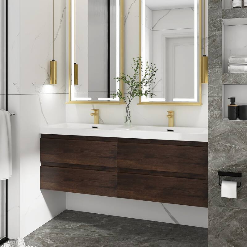 MDF Wall-Mounted Bathroom Vanity Set in Rose Wood with Integrated Culture Marble Sink
