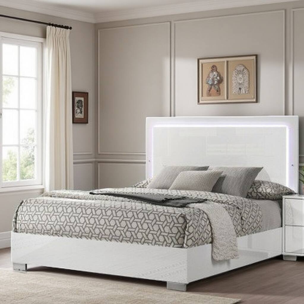 Queen Size Bed with LED-Illuminated Headboard, Sleek UV Finish, Chrome Legs and Vertical Handle Accents