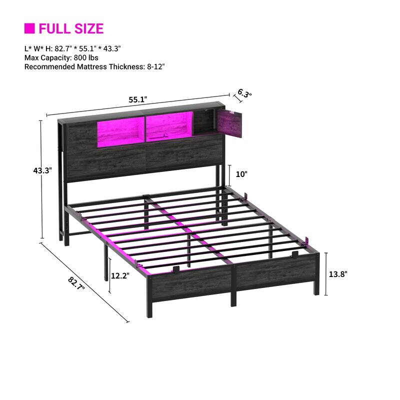 Storage Headboard Platform Bed Frame with Charge Station and LED Light
