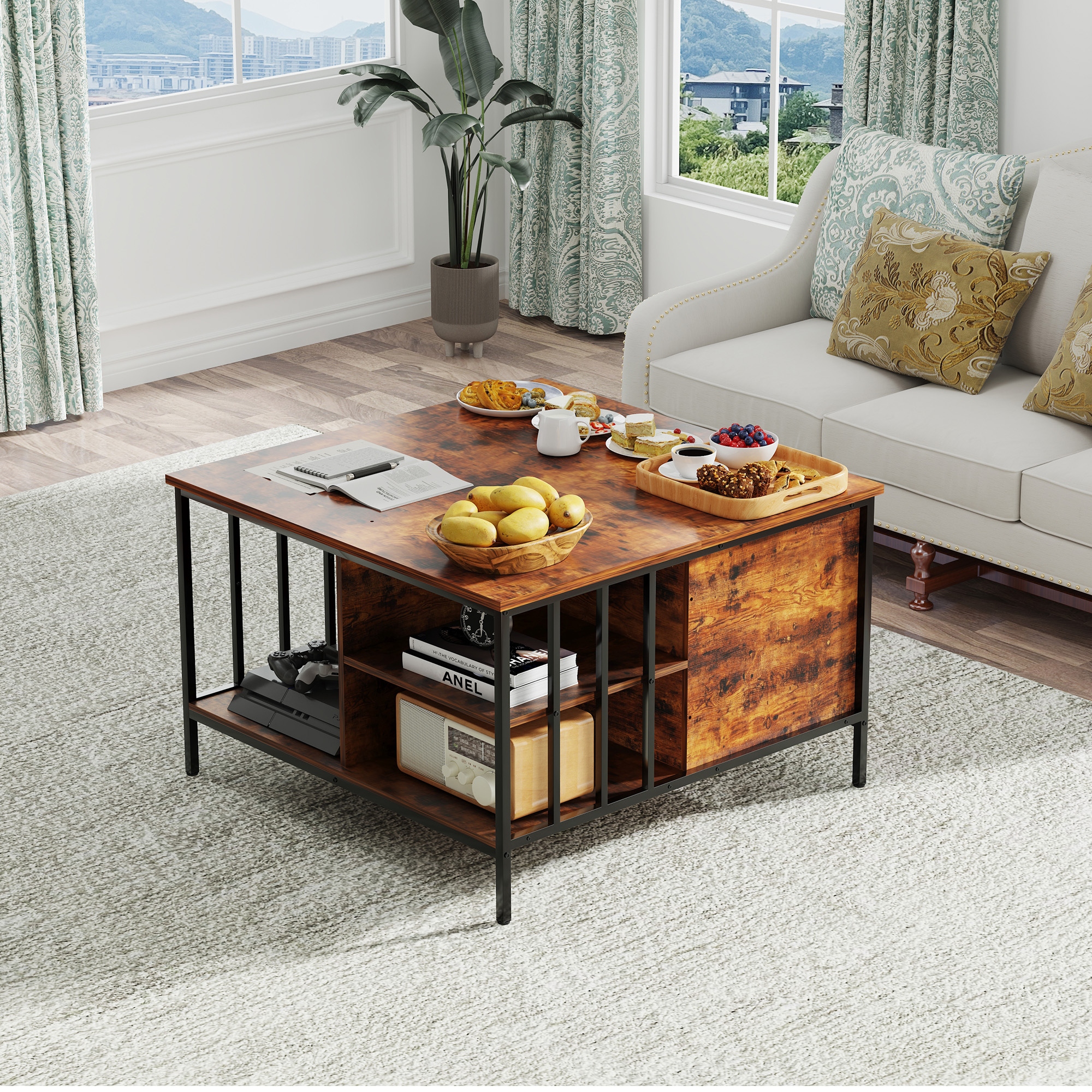 Lift Top Coffee Table with Storage Multifunctional Center with Hidden Compartment 3 Shelves - Black - Wood