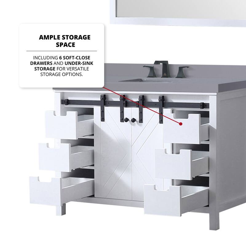 Marsyas 48 in W x 22 in D White Bath Vanity, Grey Quartz Countertop, Faucet Set and 44 in Mirror