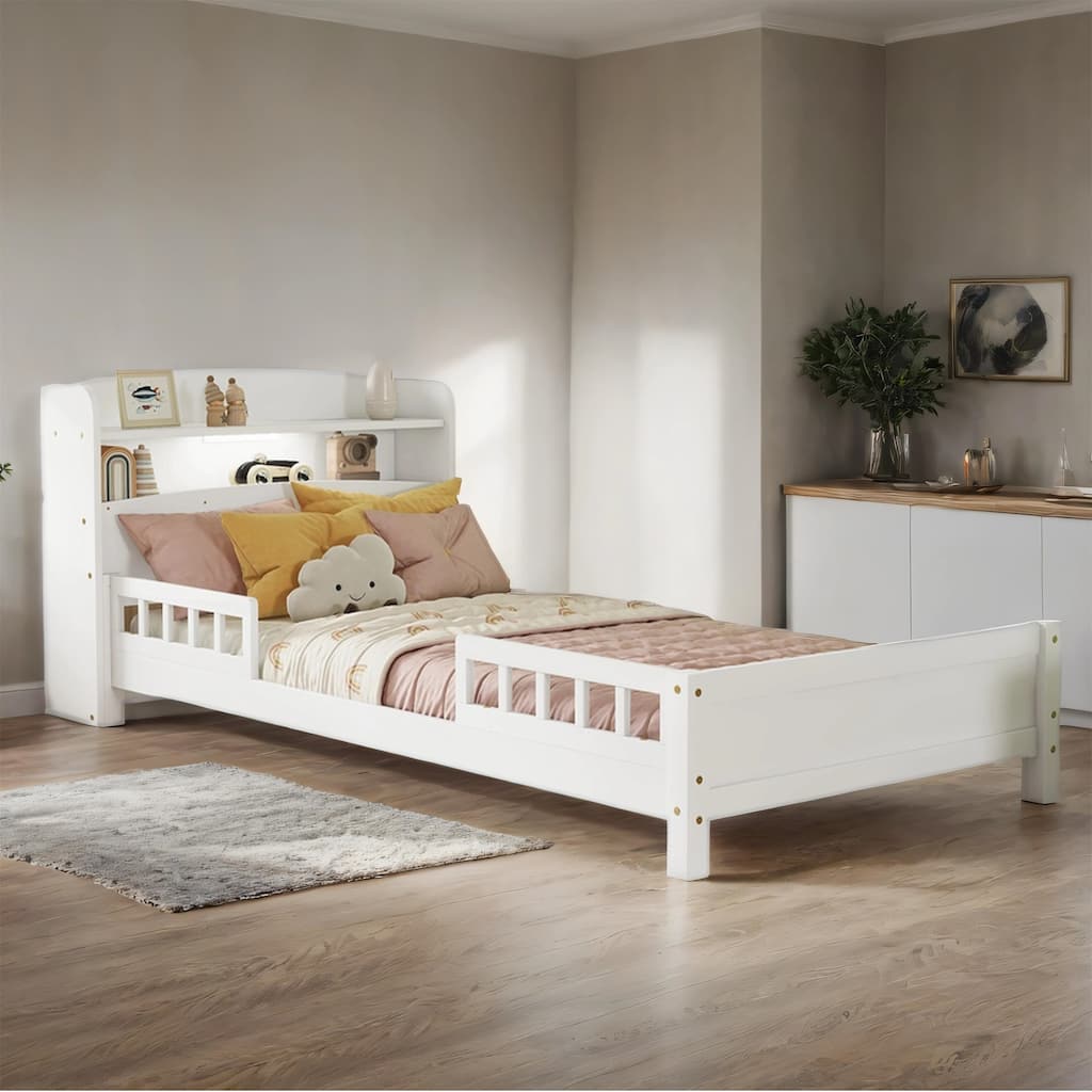 Twin Size Pine Bed w/ Bookcase Headboard ,LED Sensor Light, Guardrails