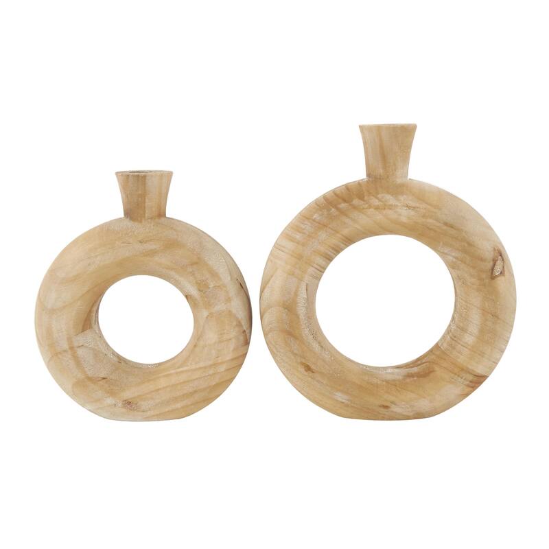 Wood Circular Decorative Vase with Cutout Center - Set of 2 Brown - Roche River Decor
