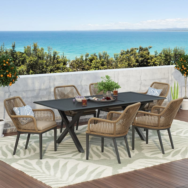 Fromberg Outdoor Wicker 7 Piece Dining Set with Cushion by Christopher Knight Home