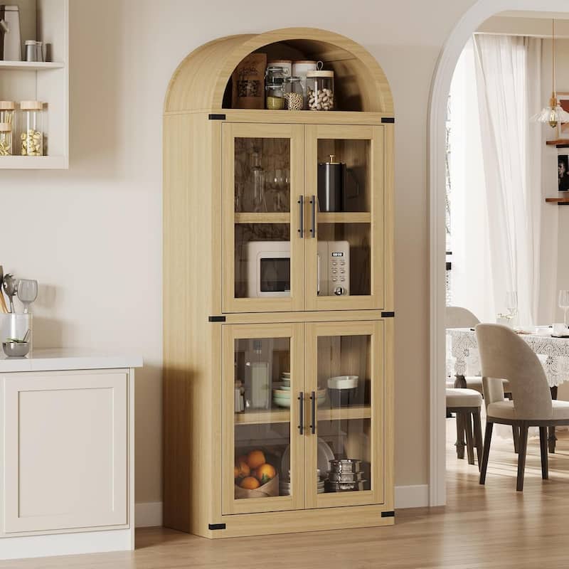 71.6" 5-Tier Arched Display Cabinet with Wooden Doors, Bookshelf - N/A - Khaki