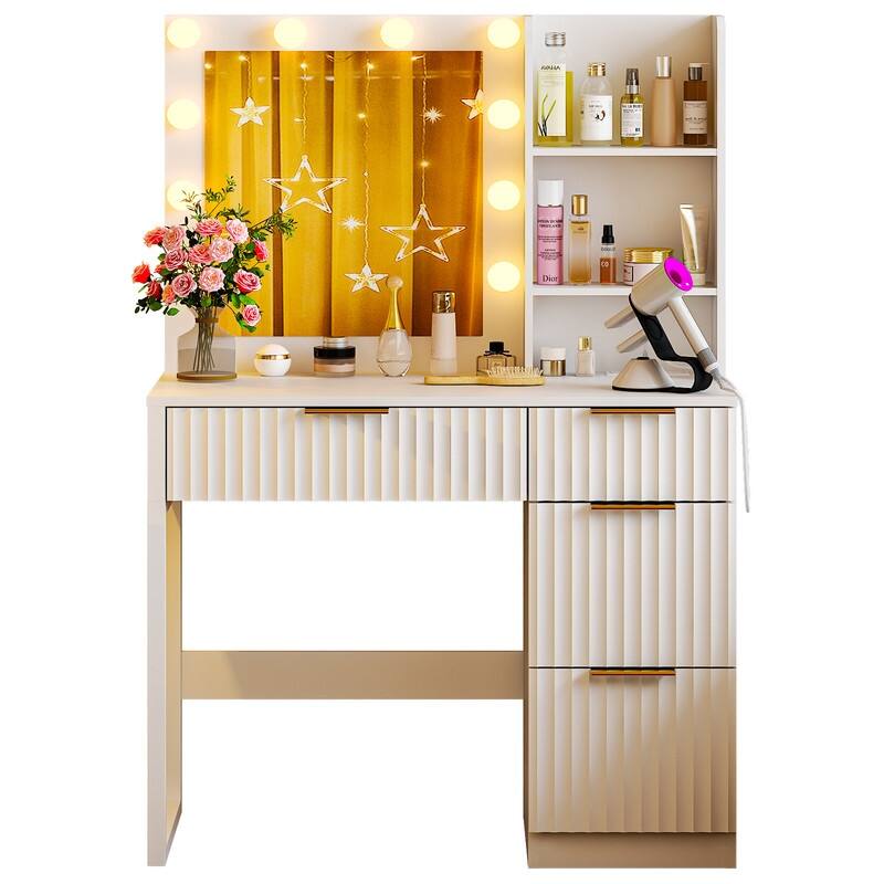 Particle Board Veneered with Textured Melamine 4-drawer 2-shelf with 10 Three-color Dimmable Bulbs Dressing Table - N/A