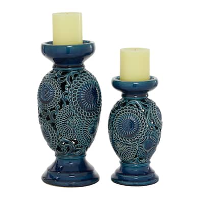 Ceramic Pillar Candle Holder - Set of 2 Blue - Roche River Decor - 6"W x 6"L x 13"H