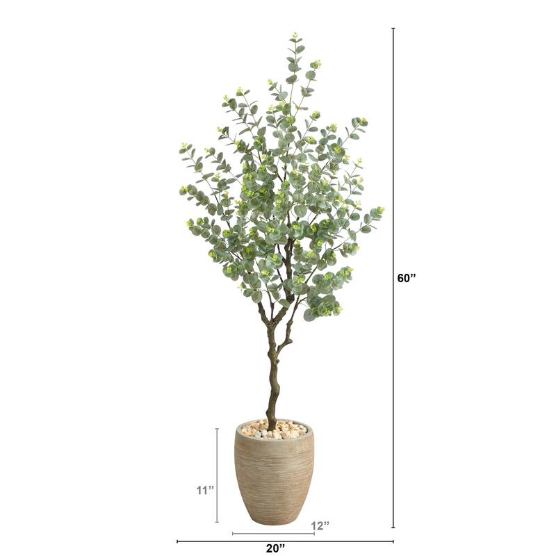 Eucalyptus Artificial Tree 5ft Indoor, Sandstone Planter, Realistic Faux Tree, Home Decor, Living Room Plant