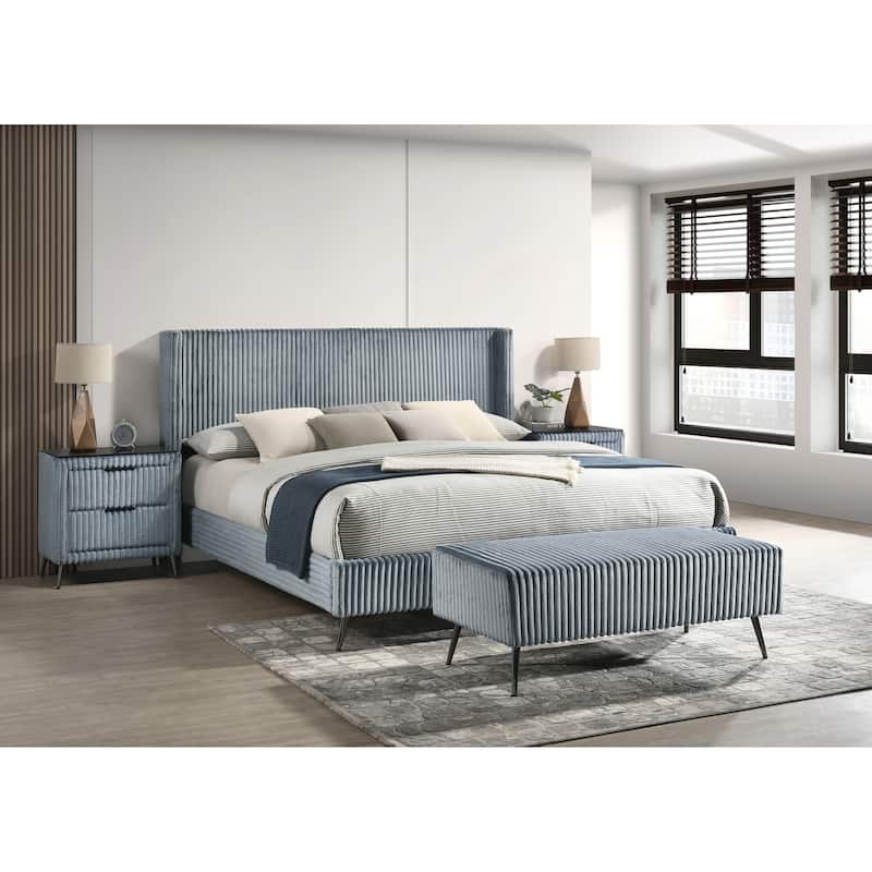 Roundhill Furniture Mavela Wide Wale Corduroy Upholstery Panel Bed with 2 Nightstands and Bench, Blue - King