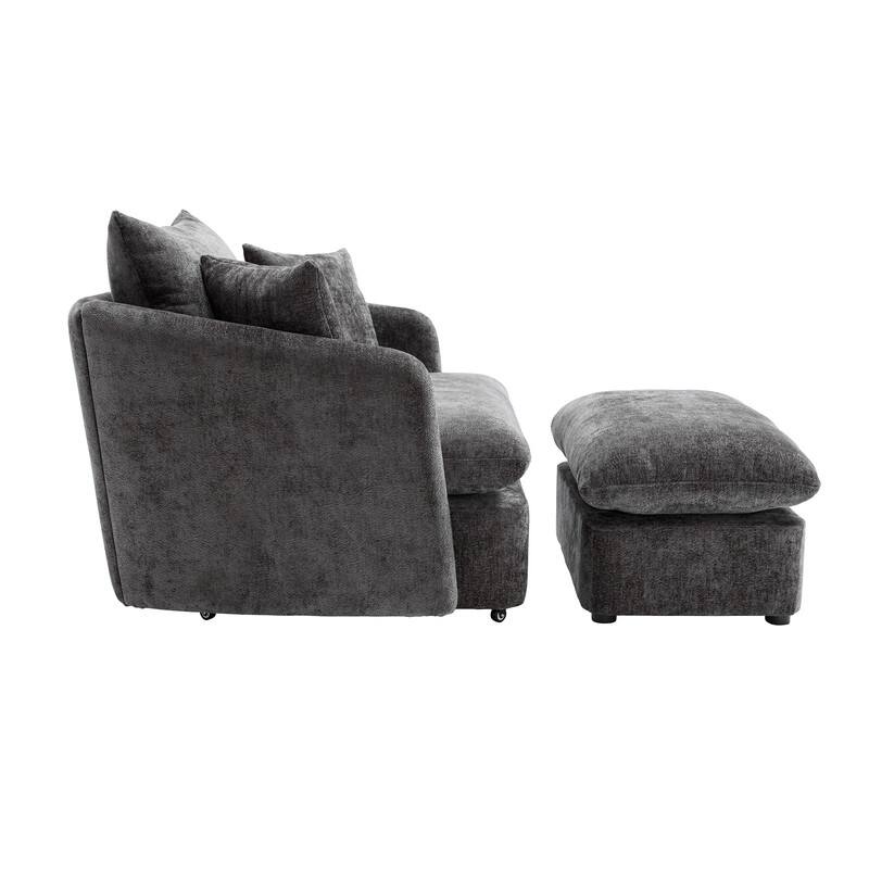 46" Chenille Upholstered Oversized Swivel Armchair With Ottoman