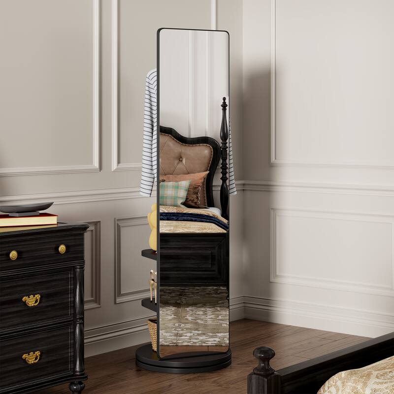 360° Rotating 66"x14" Multifunctional Full Length Mirror with Hook Storage Rack Coat Rack with Mirror Solid Wood Floor Mirror - Black