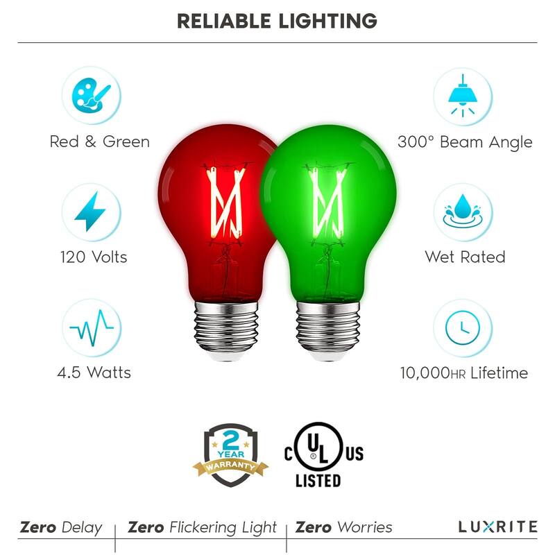 Luxrite A19 Christmas LED Red and Green Light Bulbs 4.5W=60W UL E26 Indoor Outdoor Party Holiday Lighting